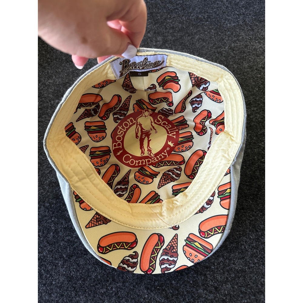 Boston Scally Co Grey Canvas Flat Cap Ivy Hat Yellow Stitching Food Print Small - Picture 3 of 6